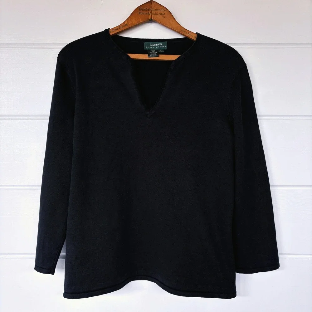 Lauren Ralph Lauren Silk Sweater L V-Neck 3/4 Sleeve Fine Knit Gauge Classic 90s